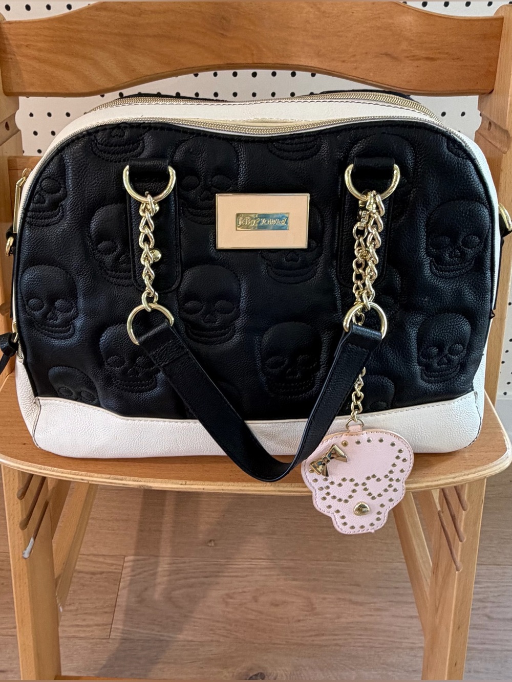 Betsey Johnson Skulltastic Embossed Skull Satchel Black Cream